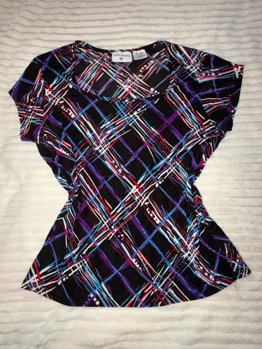 kathy ireland Black Multicolor Crosshatch Short Sleeve Top